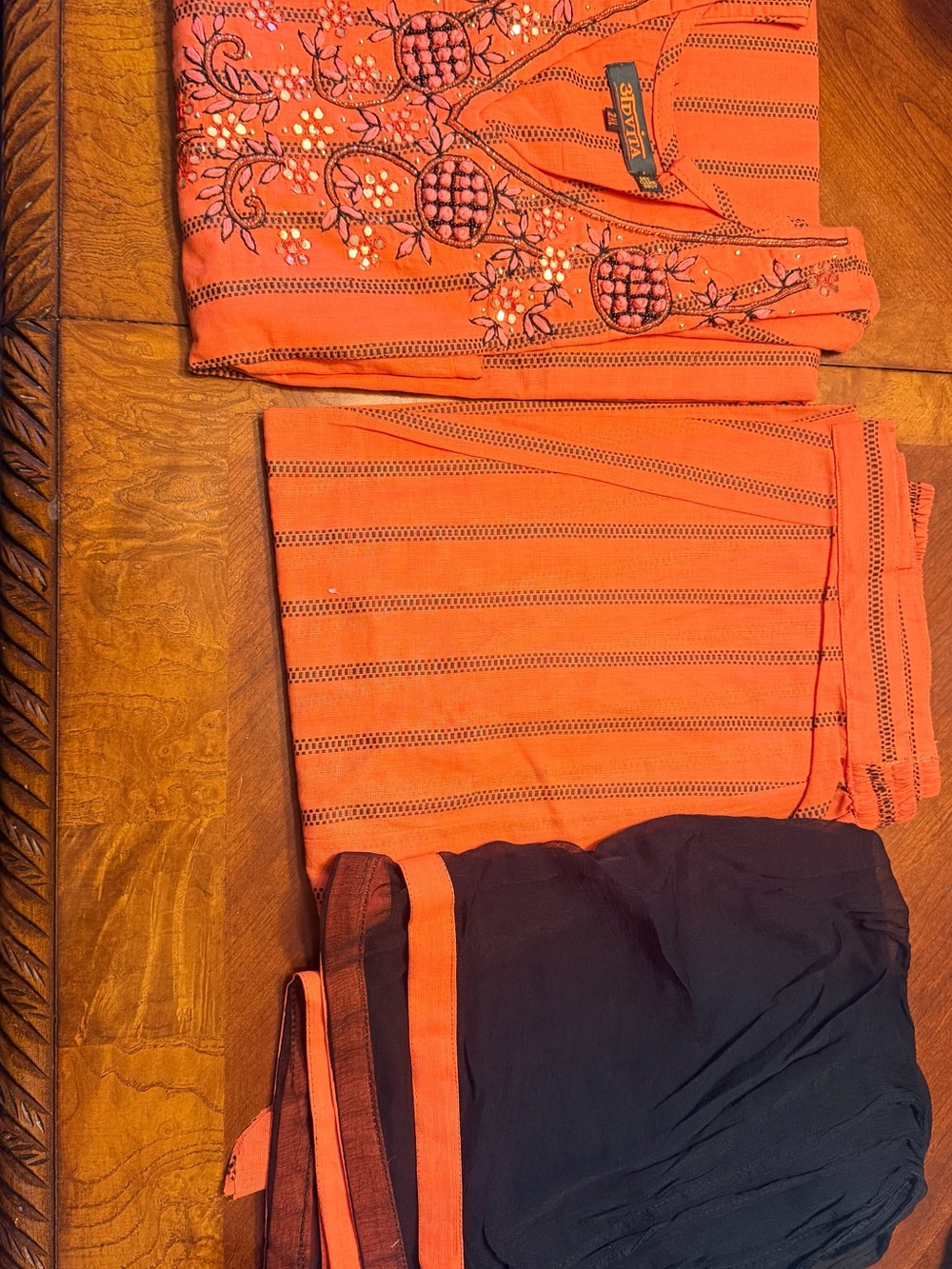Biba Orange Striped Embroidered Salwar Set with Navy Dupatta